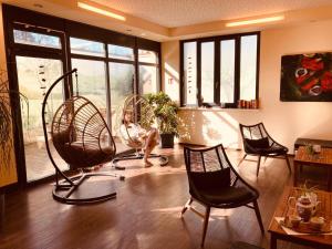 a living room with chairs and a cat in a room with windows at Hotel Saxenhof der Rhöner Botschaft in Dermbach
