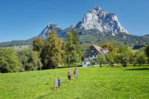 a family walking in a field with a mountain in the background at BASEKAMP Horizon I Luzern I Familie I Pilatus in Lucerne