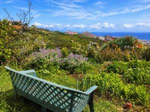 a bench sitting on top of a hill with flowers at The Good Vibes Home in Hoya de Pineda +1 photo