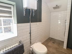 a bathroom with a toilet and a window at Pine Cottage in Hathersage