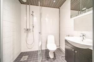 a bathroom with a shower and a toilet and a sink at Wellevi Rooms by Aavalevi in Levi