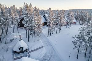 an aerial view of a snow covered forest with houses at Wellevi Rooms by Aavalevi in Levi