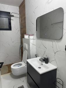 a bathroom with a toilet and a tv on the wall at Apartmani Edi Premium in Ulcinj