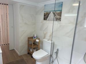 a white bathroom with a toilet and a shower at Modern Studio with Private Patio near Cascais & Sintra in Alcabideche +8 photos