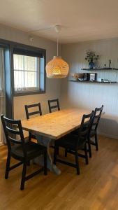 a dining room table with chairs and a light fixture at Lemonsjøen, Jotunheimen in Vaga +20 photos