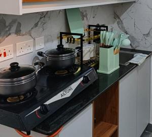 a kitchen counter with two pots and pans on a stove at Tsavo Stanley in Kiambu