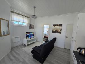 a living room with a couch and a television at Ilona Vanha Rauma in Rauma