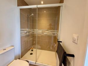 a glass shower in a bathroom with a toilet at La Boierie - City Appart's in La Flèche