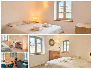 two pictures of a bedroom with a bed and a desk at Airkeys La Calade - Pied à Terre Authentique Idéal pour Groupe d'Amis & Famille en Escapade Luberon - Calme - CENTRE HISTORIQUE Pertuis - Aix-en-Provence 30min - Lourmarin 20min - WIFI HD in Pertuis