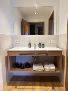 a bathroom with a sink and a mirror at Haus Raimund in Längenfeld