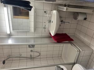 a bathroom with a toilet and a red towel at Berghaus Biberwier in Biberwier +10 photos