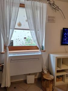 a window with a radiator and a window curtain at Merano appartamento in Merano