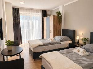a hotel room with two beds and a table at Pension Sara in Magdeburg