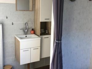 a bathroom with a sink and a shower curtain at Enigma Lounge Chalet with swimming pool in Zutendaal