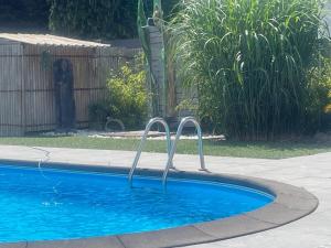 a swimming pool with two metal rails in a yard at Enigma Lounge Chalet with swimming pool in Zutendaal +27 photos
