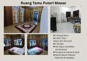 a collage of pictures of a kitchen and a living room at Homestay Puteri D'Durian Guling in Bukit Payong