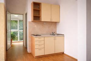 an empty kitchen with a sink and a window at Livija rooms in Petrovec