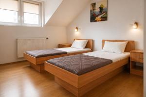 two beds in a small room with two windows at Livija rooms in Petrovec