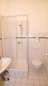 a bathroom with a shower and a toilet and a sink at Appelholt in Wremen
