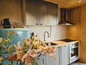 a kitchen with a sink and a stove top oven at The Forgotten Farmhouse in Skogar