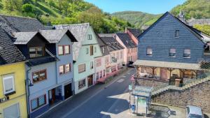 an aerial view of a street in a town at Hotel Blüchertal in Bacharach