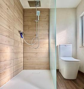 a bathroom with a shower and a toilet at Haus Wünsche in Wieck +39 photos