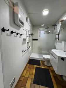 a bathroom with a toilet and a shower and a sink at Les Trois Feuilles in Petit Mesnil +19 photos
