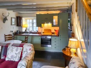 a kitchen with green cabinets and a couch in a room at Summerhill Tanyrhos in Blaenau-Ffestiniog