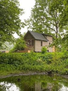a house on a hill next to a body of water at Fint Tiny house på Österlen in Sankt Olof