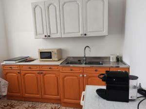 a kitchen with wooden cabinets and a sink and a microwave at San bernardo guest house in Fossano +5 photos