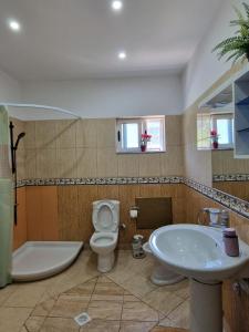 a bathroom with a toilet and a sink and a tub at Guest House KrisHen in Përmet
