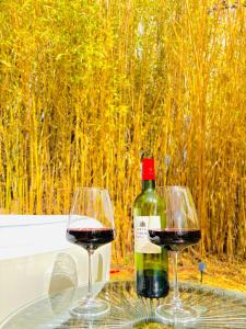 two glasses of red wine sitting on a table at Bambou Lodge & Spa in Arles