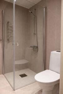 a shower with a glass door next to a toilet at Modern studio with balcony in Stockholm
