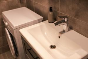 a bathroom sink with a soap bottle on top of it at Dunavirág Vendégház in Pilismarót +20 photos