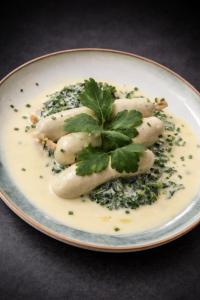a plate of food with dumplings with parsley on it at Berghof Grüner Baum in Sasbachwalden