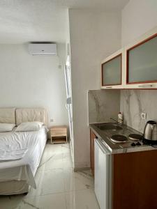a small kitchen with a bed and a sink at Garden studio apartmans in Dobra Voda