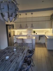 a kitchen with a wooden table with chairs and a counter at Villa Little John in Skala Rachoniou