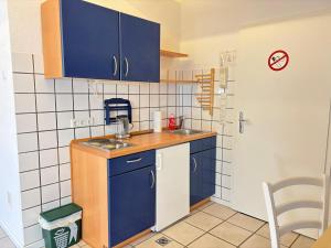 a small kitchen with blue cabinets and a sink at Buschhaus Whg 2 in Krummhörn +10 photos
