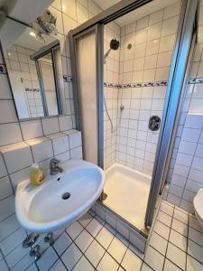 a bathroom with a sink and a shower at Buschhaus Whg 2 in Krummhörn