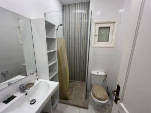 a bathroom with a shower and a sink and a toilet at Cozy house in El Aouina Station