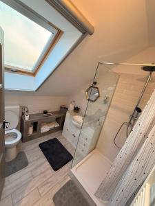a bathroom with a glass shower and a toilet at VillaVino in Szekszárd
