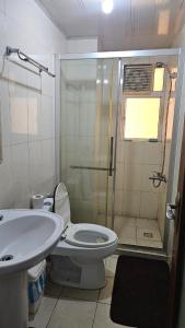 a bathroom with a shower and a toilet and a sink at Magnólia Home in Muceque Baia +19 photos