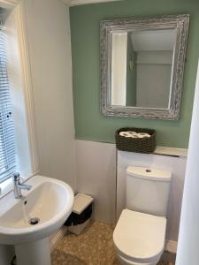a bathroom with a sink and a toilet and a mirror at Gallowgate Square Apartments in Largs +11 photos