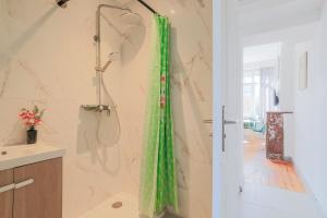 a shower with a green shower curtain in a bathroom at Perle de Liévin in Liévin +11 photos