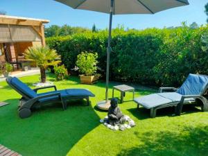 a garden with furniture and an umbrella on the grass at Chalet vacances avec jardin près d'Arcachon 2 personnes in La Teste-de-Buch