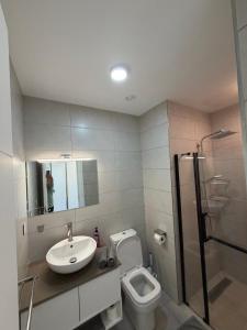 a bathroom with a toilet and a sink and a shower at J'Vais Residence in Flic-en-Flac +15 photos