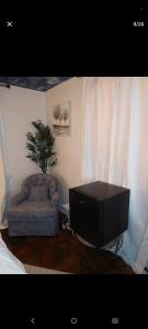 a bedroom with a table and a chair and a tree at NH room rental in Akron
