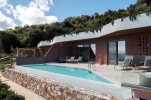 a villa with a swimming pool and a house at Plethora Luxury Suites in Rodhiá