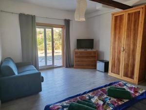 a living room with a couch and a television at Villa Rosa in Surrau in Arzachena