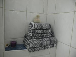 ロイカーバートにあるFortunaのバスルームの棚にタオルを積み重ねる